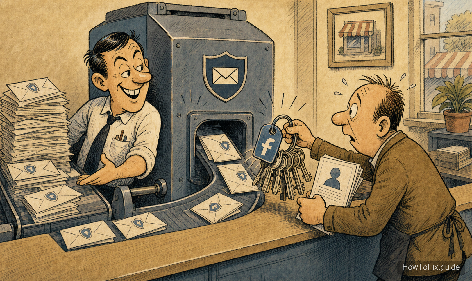 Satirical cartoon showing a phishing clerk abusing a trusted mail system to steal Facebook account access