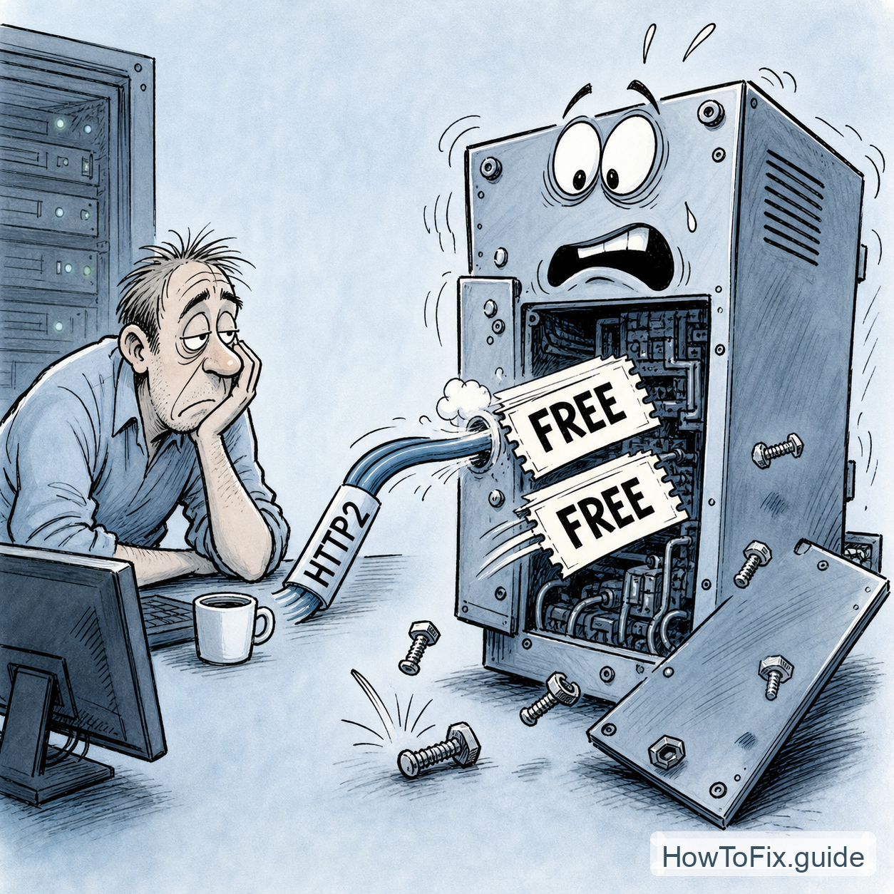 Cartoon showing an HTTP/2 double-free bug affecting an Apache web server