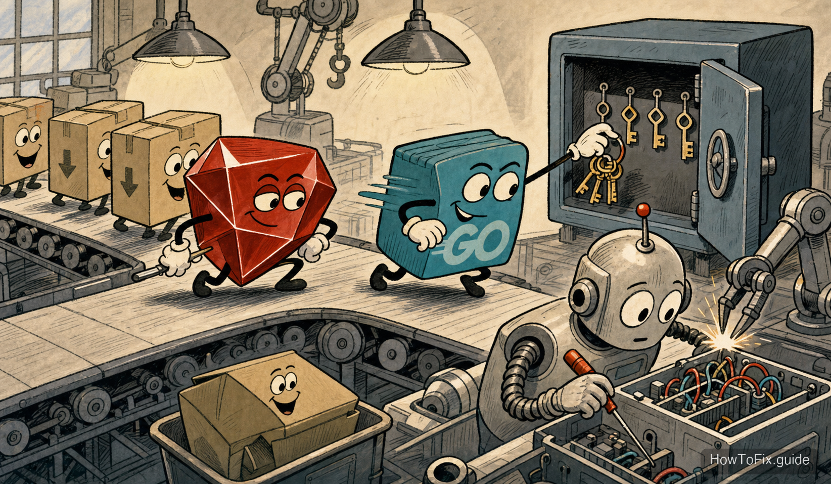Satirical cartoon showing poisoned Ruby gems and Go modules stealing CI secrets