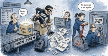 Cartoon showing a compromised Jenkins plugin update stealing CI/CD secrets before engineers pin and verify versions