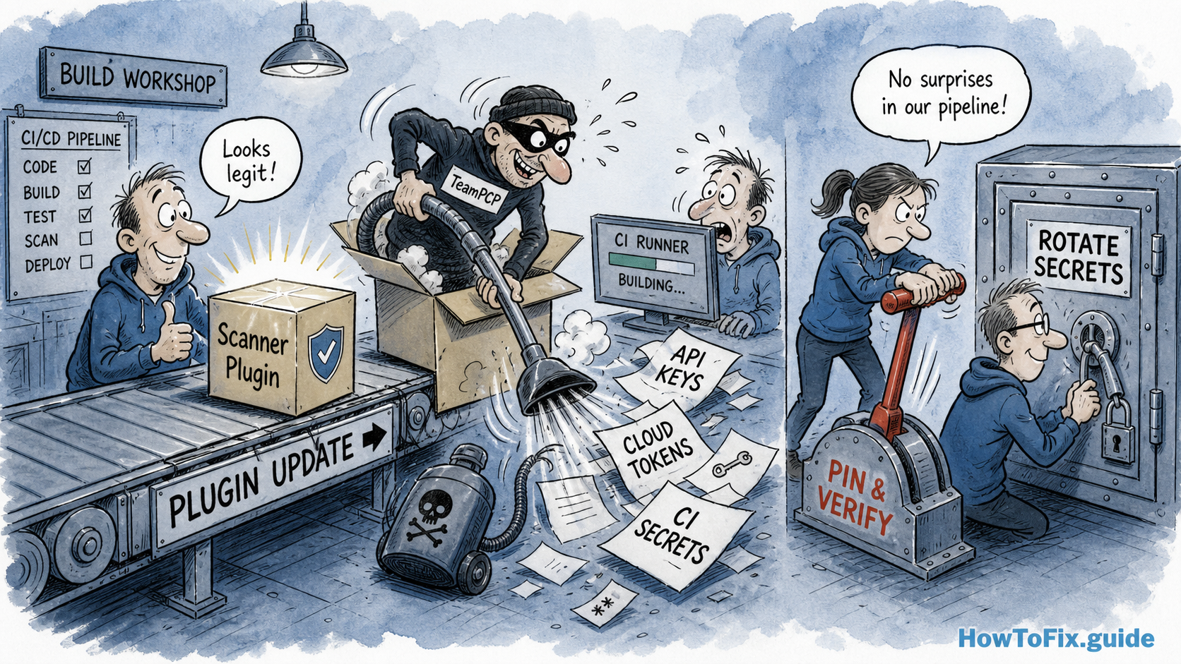 Cartoon showing a compromised Jenkins plugin update stealing CI/CD secrets before engineers pin and verify versions