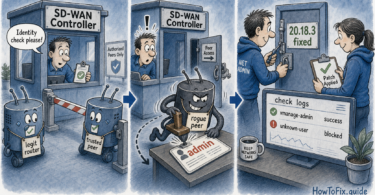 Cartoon showing a rogue peer slipping into an SD-WAN controller and admins patching CVE-2026-20182 while checking logs