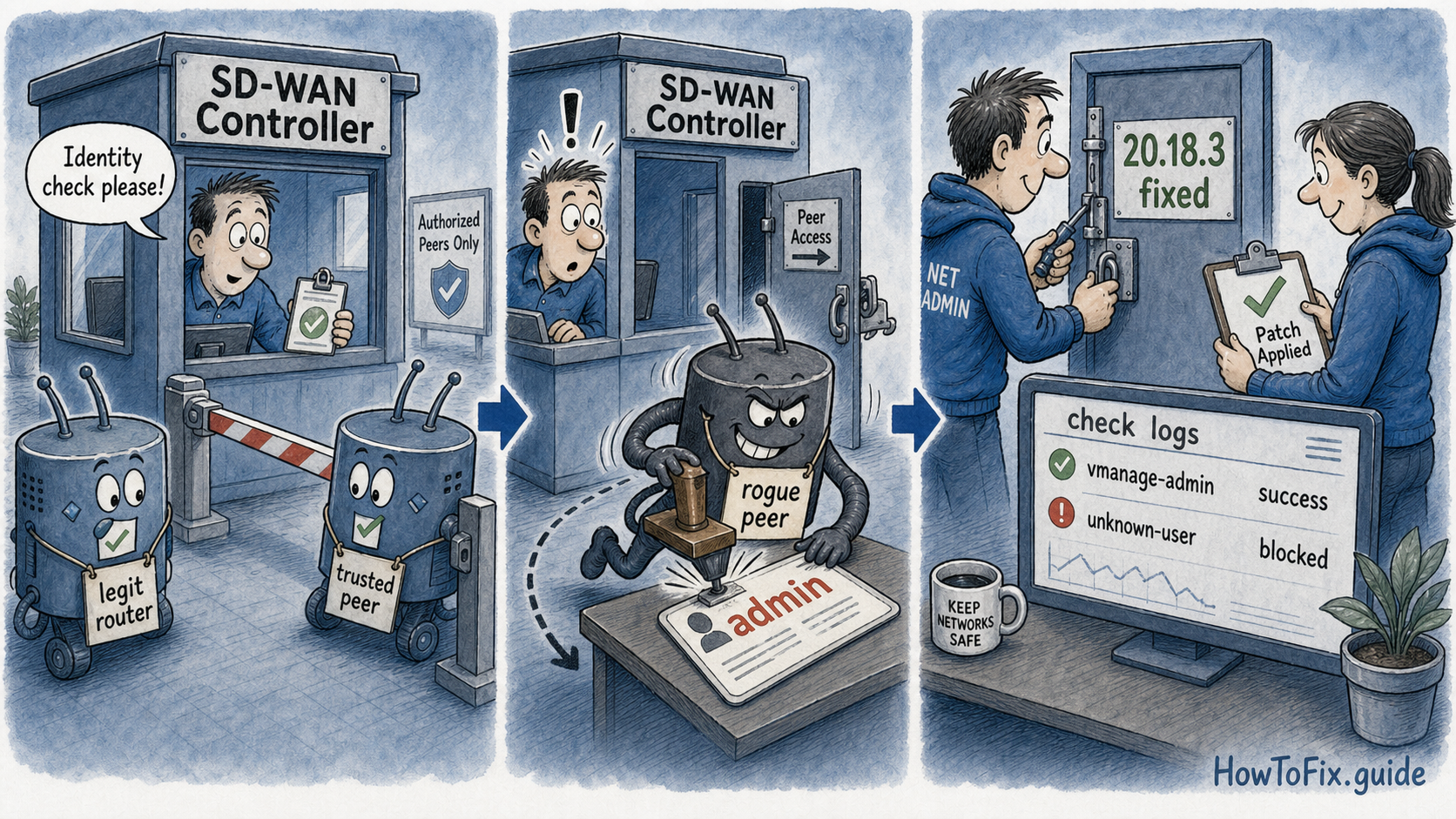 Cartoon showing a rogue peer slipping into an SD-WAN controller and admins patching CVE-2026-20182 while checking logs