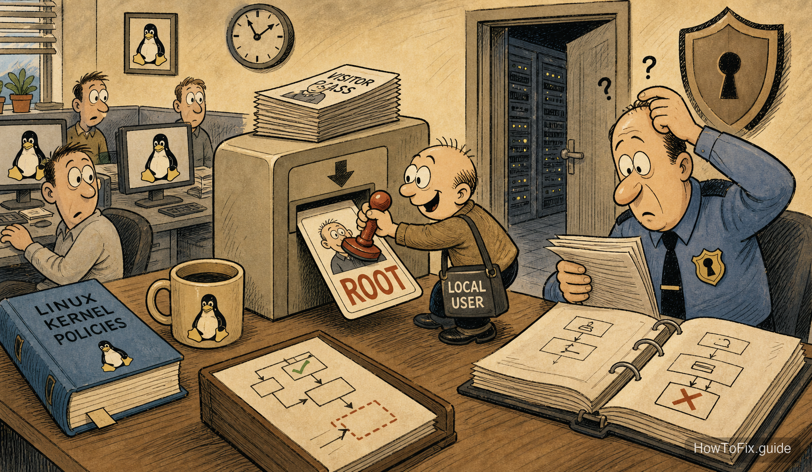 Satirical cartoon showing a local Linux user casually stamping a visitor pass into a root pass