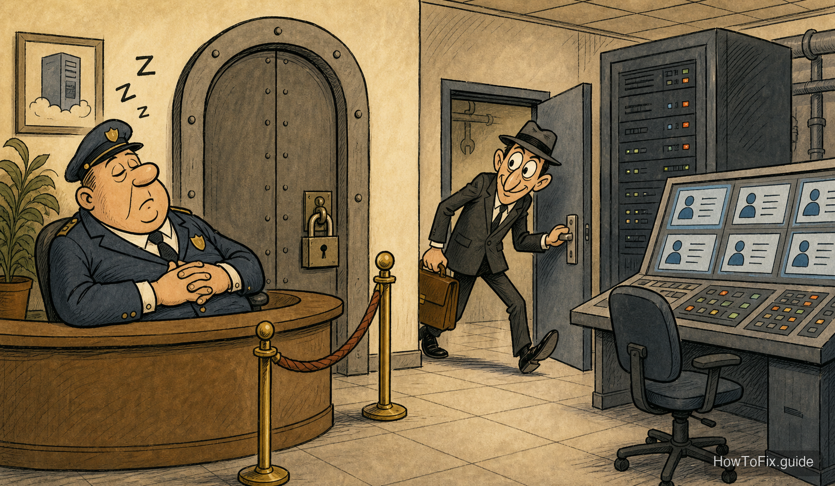Satirical cartoon showing an intruder bypassing the front desk and entering a hosting control room