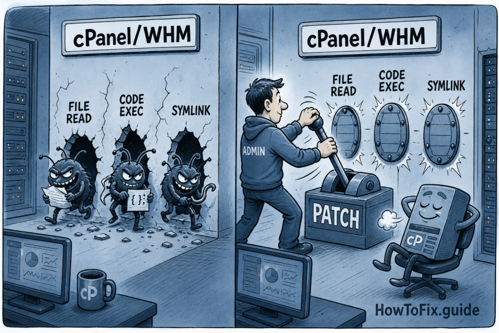 Editorial cartoon about cPanel and WHM patches closing CVE-2026-29201 CVE-2026-29202 and CVE-2026-29203