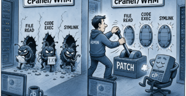 Editorial cartoon about cPanel and WHM patches closing CVE-2026-29201, CVE-2026-29202, and CVE-2026-29203