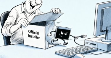 Cartoon showing an official installer secretly carrying a backdoor