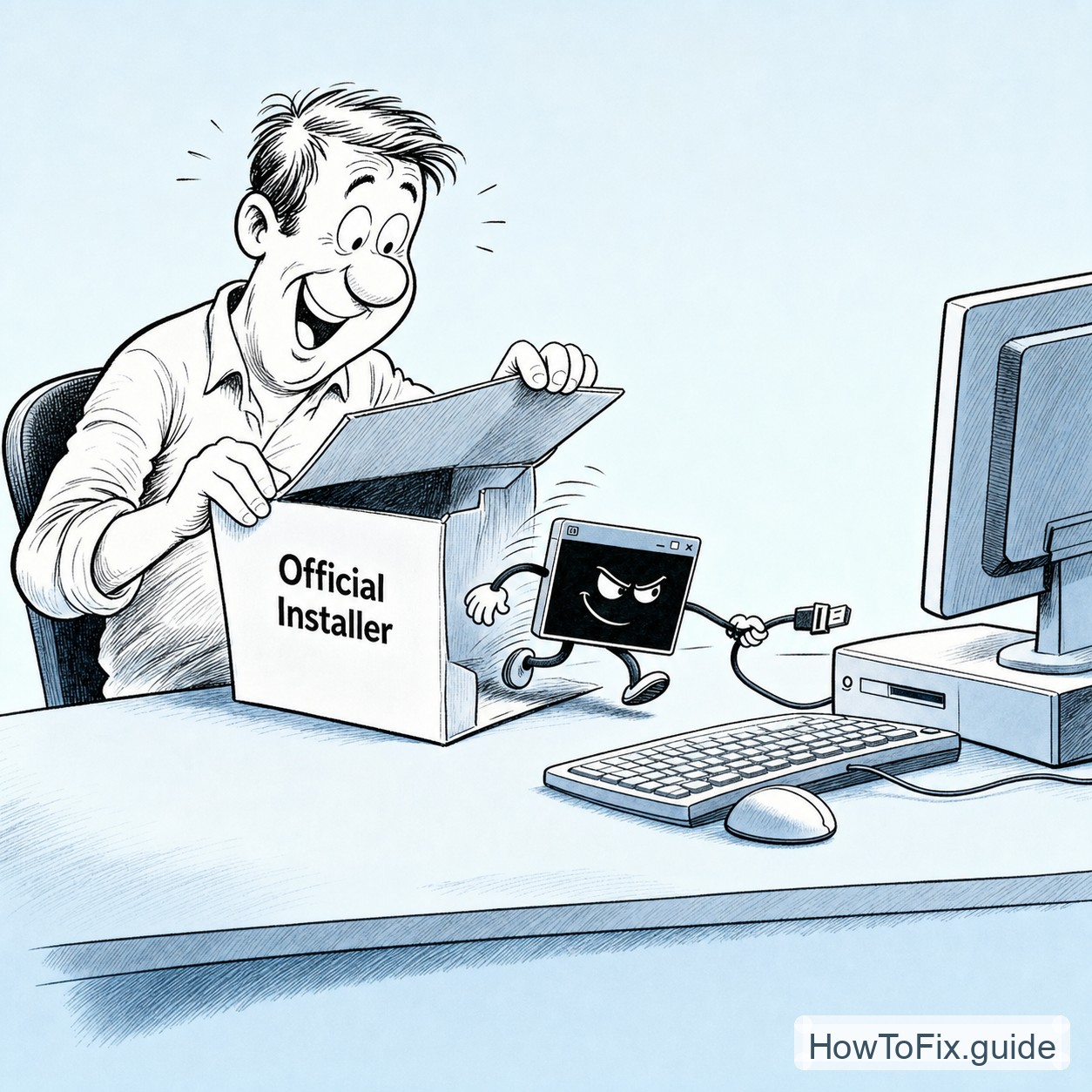 Cartoon showing an official installer secretly carrying a backdoor