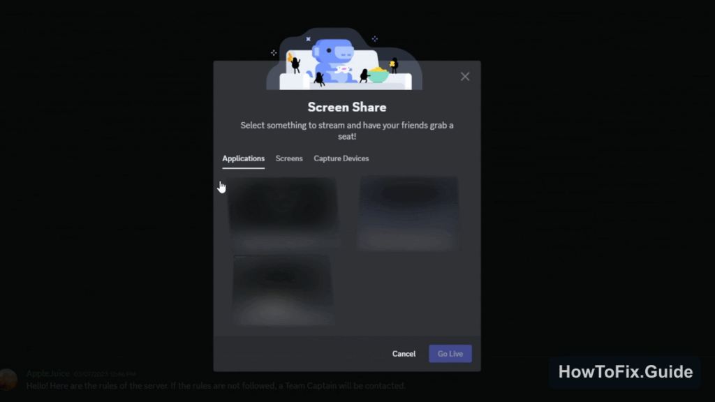 Discord screen share dialog with Applications, Screens, and Capture Devices tabs