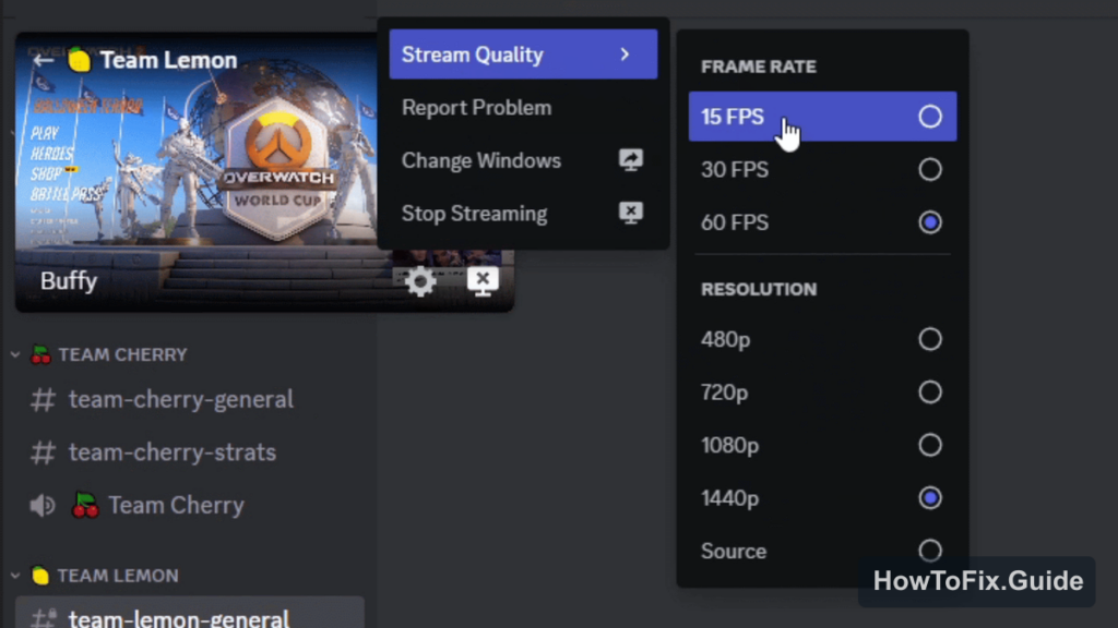 Discord stream quality menu with frame rate and resolution options