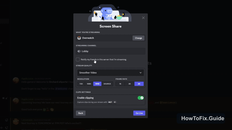 Discord stream settings dialog with application, channel, resolution, and frame rate options