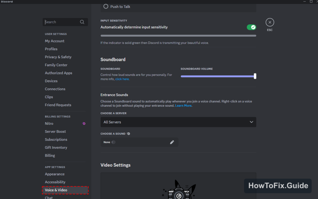 Discord Voice and Video settings page used for stream troubleshooting
