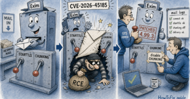 Cartoon showing Exim STARTTLS and CHUNKING causing an RCE jam before admins patch to 4.99.3 and check mail logs
