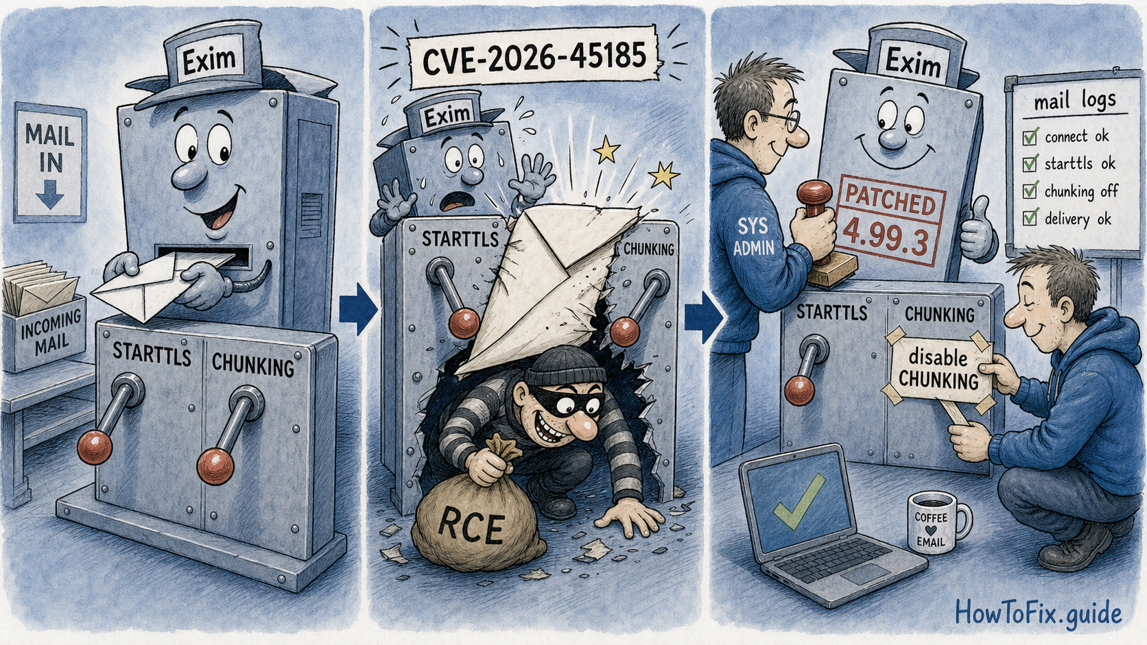 Cartoon showing Exim STARTTLS and CHUNKING causing an RCE jam before admins patch to 4.99.3 and check mail logs