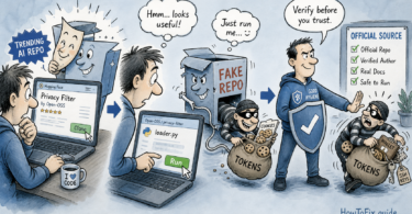 Cartoon showing a fake AI repository stealing tokens before an official-source check blocks it