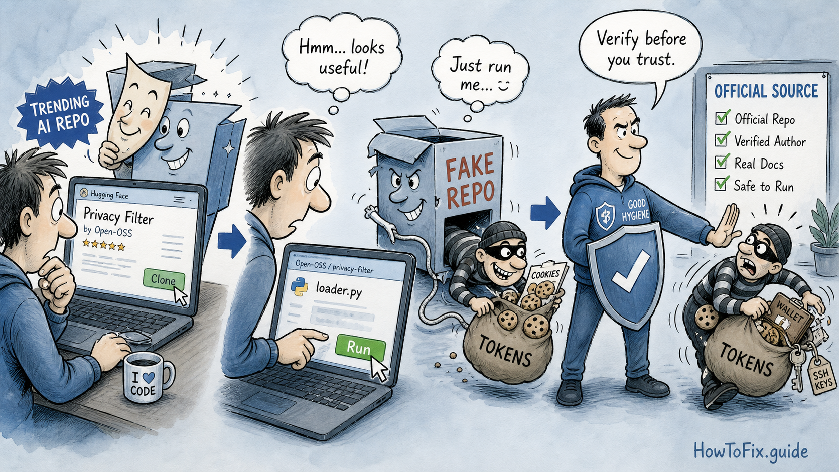 Cartoon showing a fake AI repository stealing tokens before an official-source check blocks it