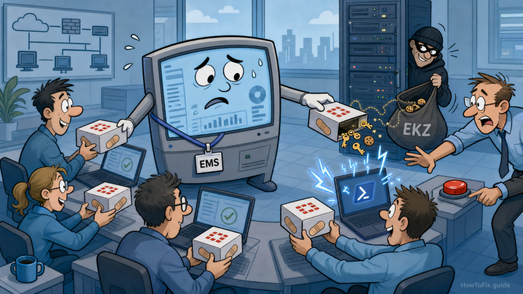 Editorial cartoon of FortiClient EMS distributing a fake patch that leaks credentials to EKZ Infostealer