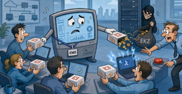 Editorial cartoon of FortiClient EMS distributing a fake patch that leaks credentials to EKZ Infostealer