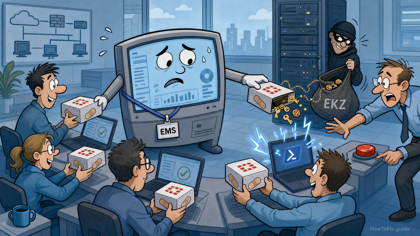Editorial cartoon of FortiClient EMS distributing a fake patch that leaks credentials to EKZ Infostealer