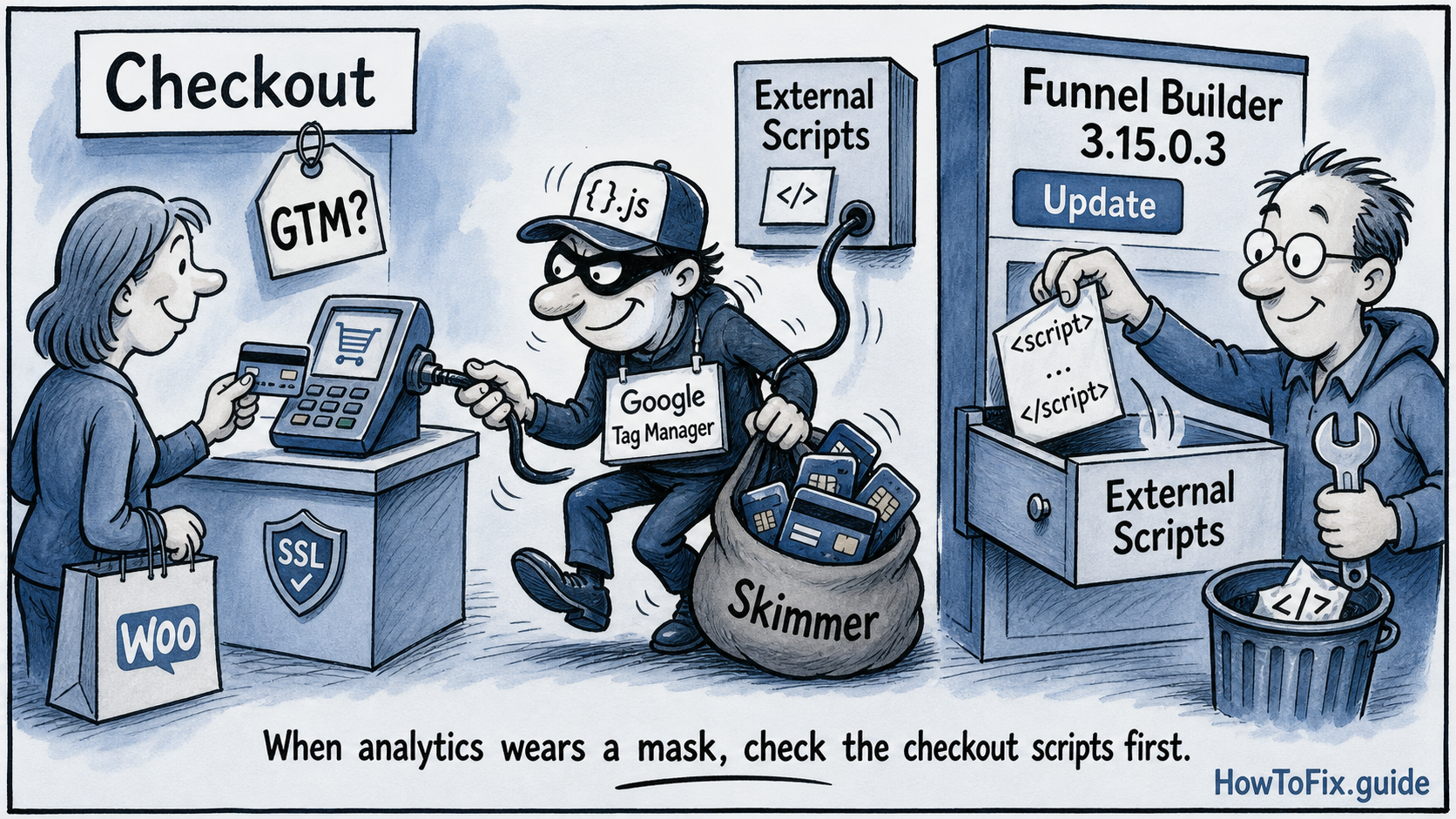 Cartoon showing a fake analytics tag stealing WooCommerce checkout cards through Funnel Builder external scripts