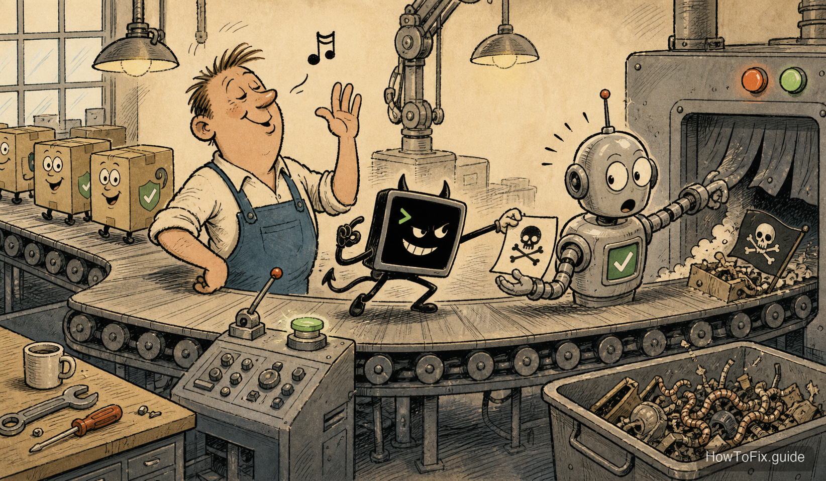 Satirical cartoon showing a rogue assistant slipping dangerous instructions into a CI pipeline