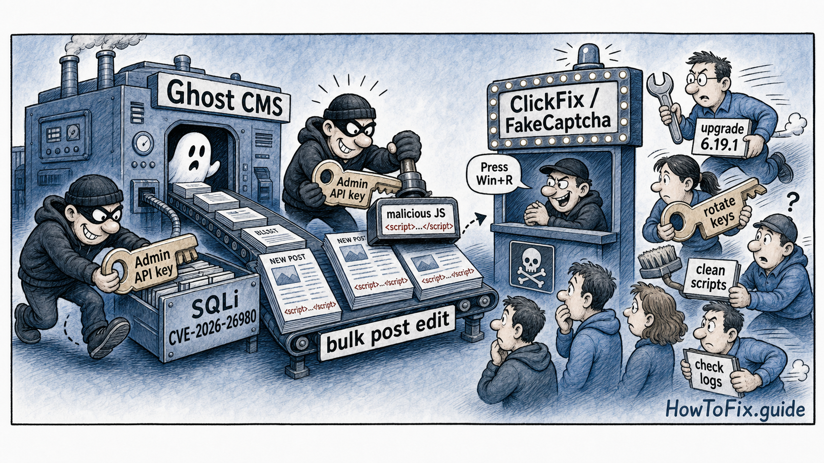 Cartoon showing Ghost CMS SQL injection stealing an Admin API key and injecting ClickFix malware into posts
