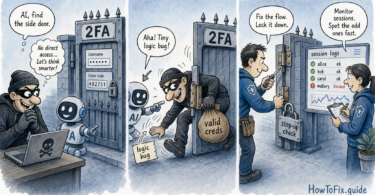 Cartoon showing AI helping a burglar find a 2FA logic bug while defenders fix the flow and monitor sessions