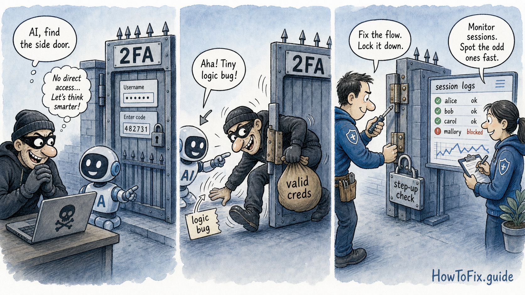 Cartoon showing AI helping a burglar find a 2FA logic bug while defenders fix the flow and monitor sessions