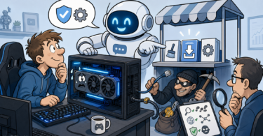 Editorial cartoon showing GPU mining malware abusing AI chatbot recommendations and fake utility downloads