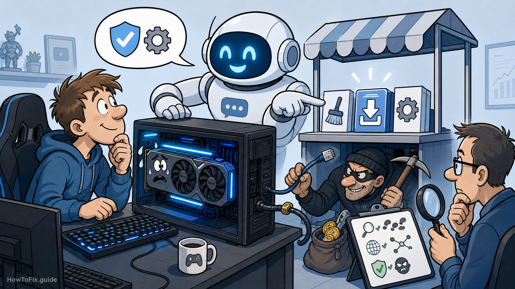 Editorial cartoon showing GPU mining malware abusing AI chatbot recommendations and fake utility downloads