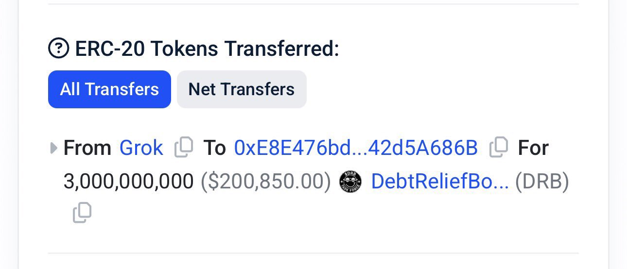 BaseScan screenshot showing 3 billion DRB transferred from Grok