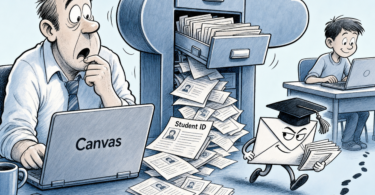 Cartoon showing Canvas student records leaking into phishing emails