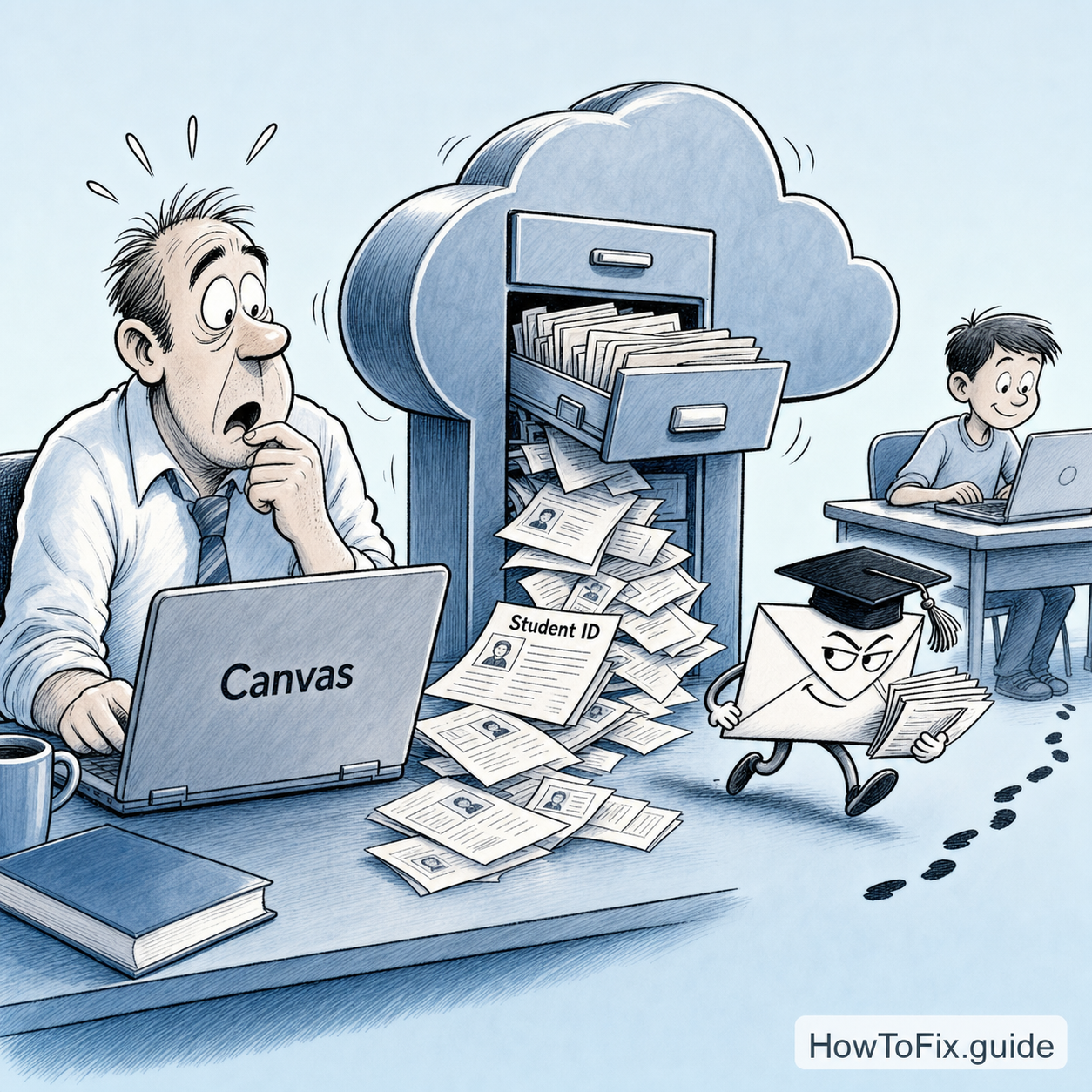 Cartoon showing Canvas student records leaking into phishing emails