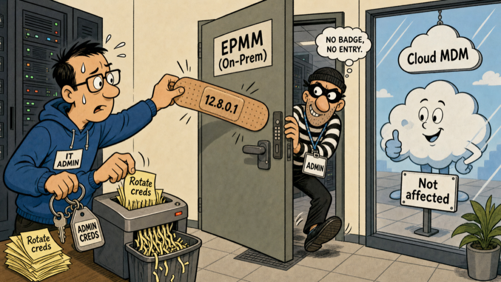Editorial cartoon about patching Ivanti EPMM CVE-2026-6973 and rotating admin credentials