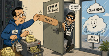 Editorial cartoon about patching Ivanti EPMM CVE-2026-6973 and rotating admin credentials