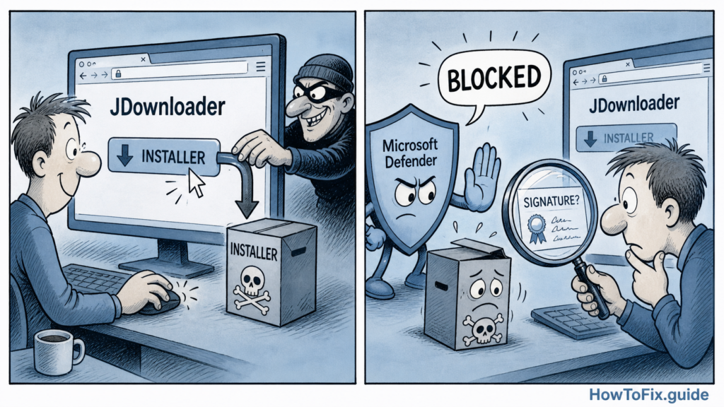 Editorial cartoon about JDownloader website links being swapped for malicious installers