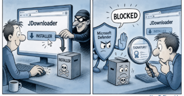 Editorial cartoon about JDownloader website links being swapped for malicious installers