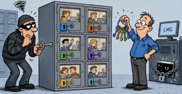 Editorial cartoon showing unique LMS keys blocking KnowledgeDeliver ViewState exploitation
