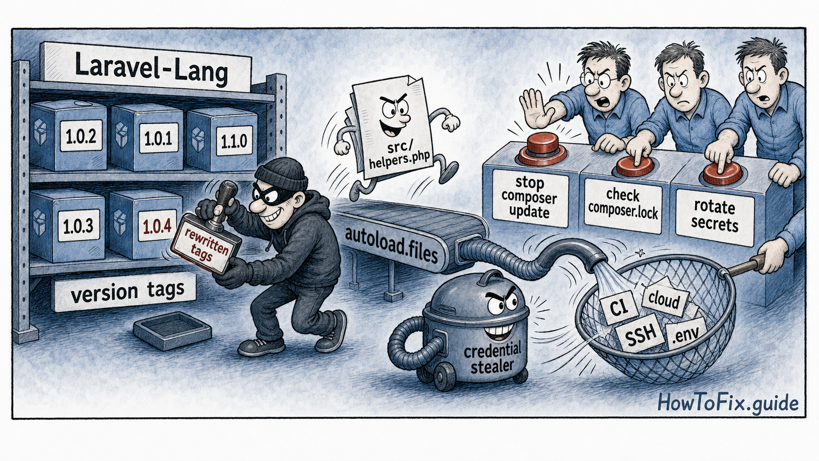 Cartoon showing Laravel-Lang package tags being rewritten to load a credential-stealing helpers.php file