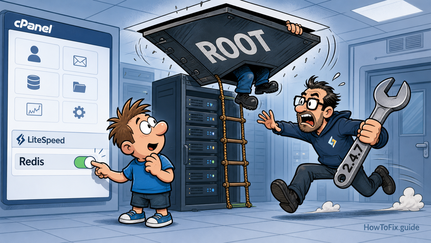 Editorial cartoon about LiteSpeed cPanel plugin CVE-2026-48172 root escalation
