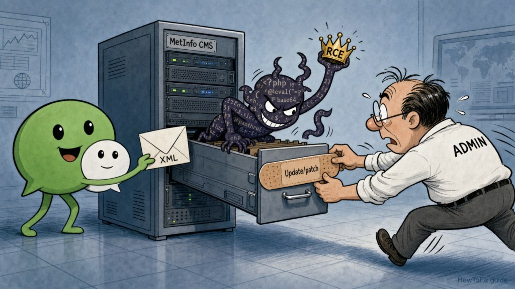 Editorial cartoon about MetInfo CMS vulnerability and patching