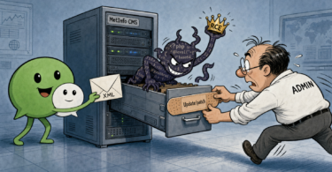 Editorial cartoon about MetInfo CMS vulnerability and patching