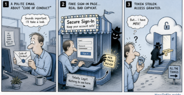 Cartoon showing a fake code of conduct phishing email stealing an MFA token