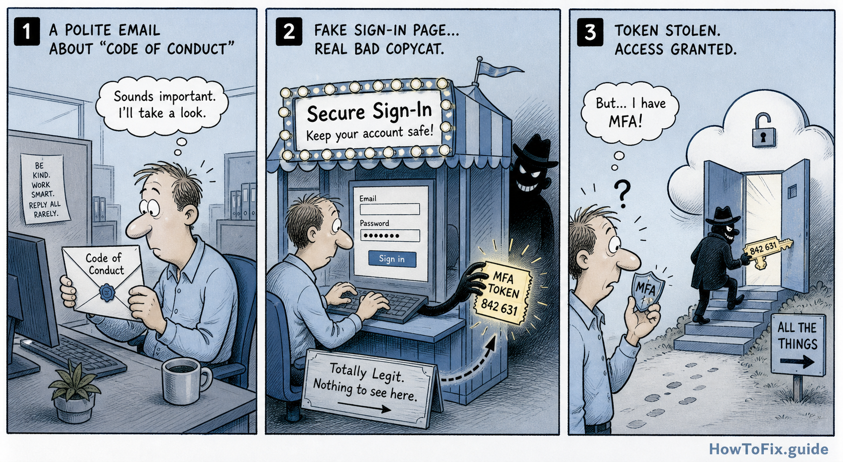 Cartoon showing a fake code of conduct phishing email stealing an MFA token