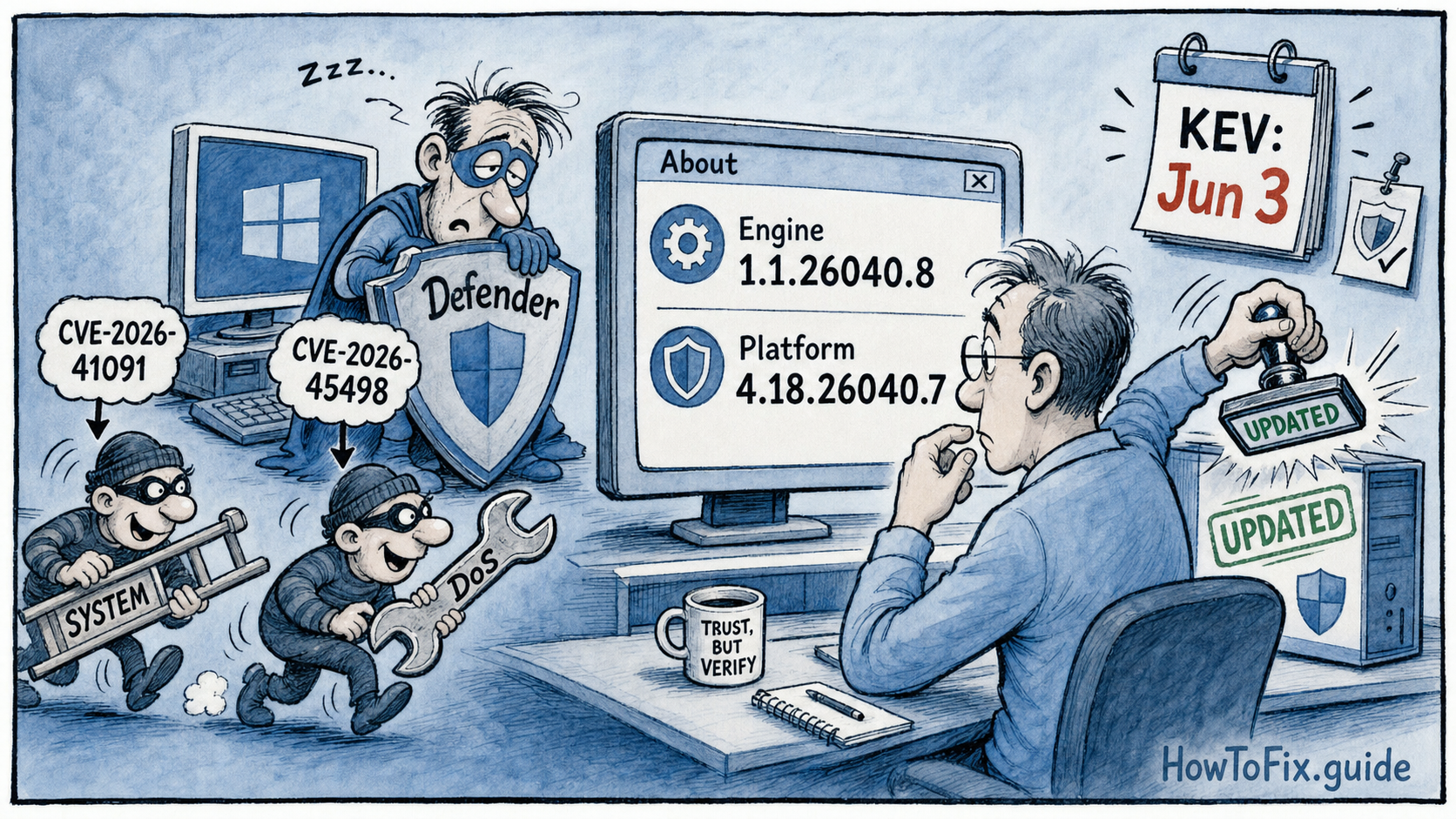 Cartoon showing Microsoft Defender vulnerabilities being checked against engine and platform version numbers