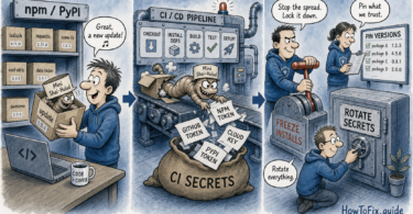 Cartoon showing Mini Shai-Hulud stealing CI secrets from npm and PyPI package installs before defenders freeze installs and rotate secrets