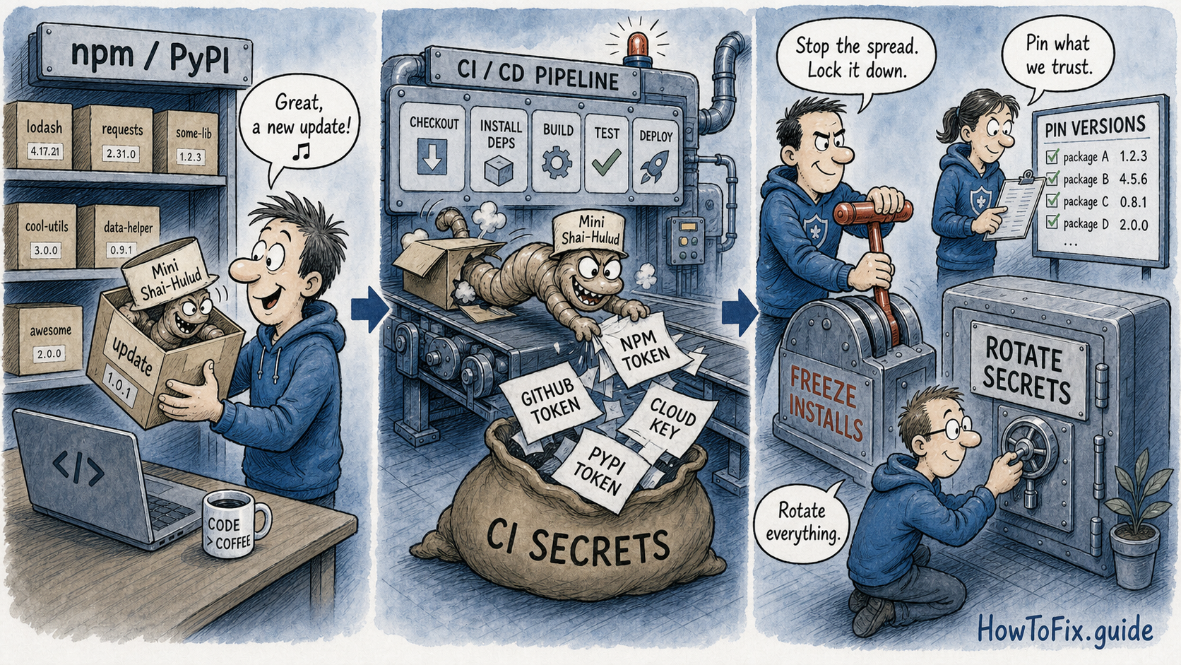 Cartoon showing Mini Shai-Hulud stealing CI secrets from npm and PyPI package installs before defenders freeze installs and rotate secrets