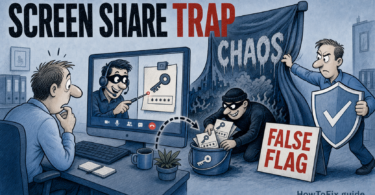 Cartoon showing a Teams screen sharing trap collecting credentials behind a Chaos ransomware false flag