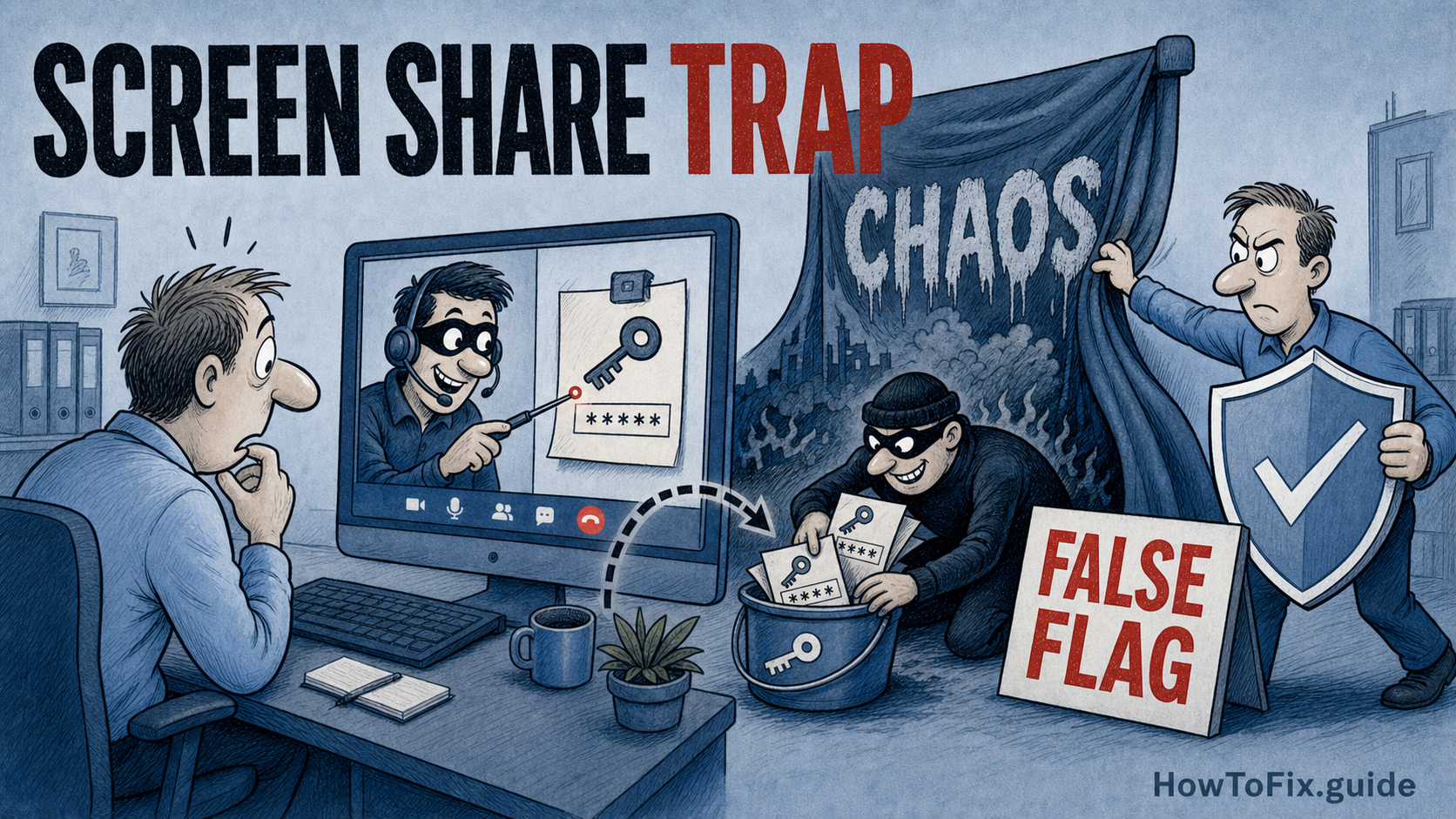 Cartoon showing a Teams screen sharing trap collecting credentials behind a Chaos ransomware false flag